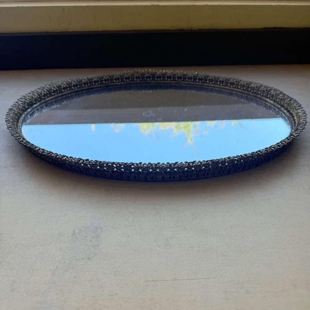 Mirror Vanity Tray Unisex 13.5x9.5 Gold Excellent Vintage Filigree Mirrored
